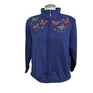 Vintage Womens 18P Full Zip Jacket Black Embroidery Butterflies Soft Shell Retro